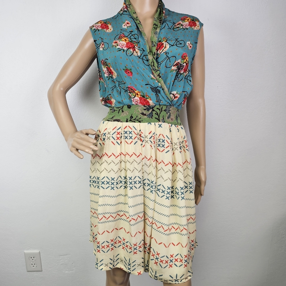 Benares Dress Art To Wear Multi Pattern Bicycle Print  Sz M Quirky Artsy Chic